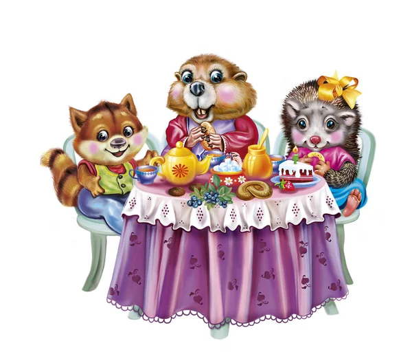 Funny cartoon animals gathered at table for tea party, happy birthday greeting card, isolated illustration on white background