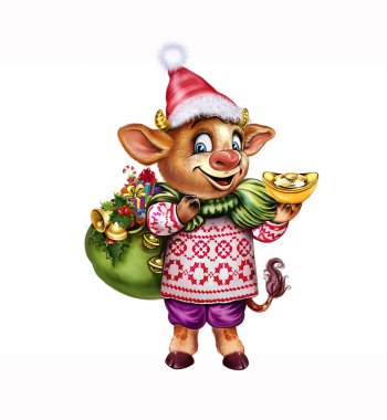 Noel Baba kılığındaki Noel Baba, 2021 'in sembolü, Çin burcu, Mutlu Noeller ve mutlu yıllar yazılı tebrik kartı, beyaz arka planda izole edilmiş karakter.