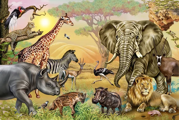 Afrika savanası hayvanları: gergedan, kuzgun, lapkanat, sırtlan, dokumacı, devekuşu, leopar, yaban domuzu, antilop, ceylan, kazıcı, leylek, fil, zebra, zürafa, aslan, gerçekçi çizim