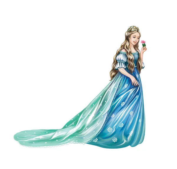 Beautiful Young Princess Blue Dress Flower Isolated White Background — Zdjęcie stockowe