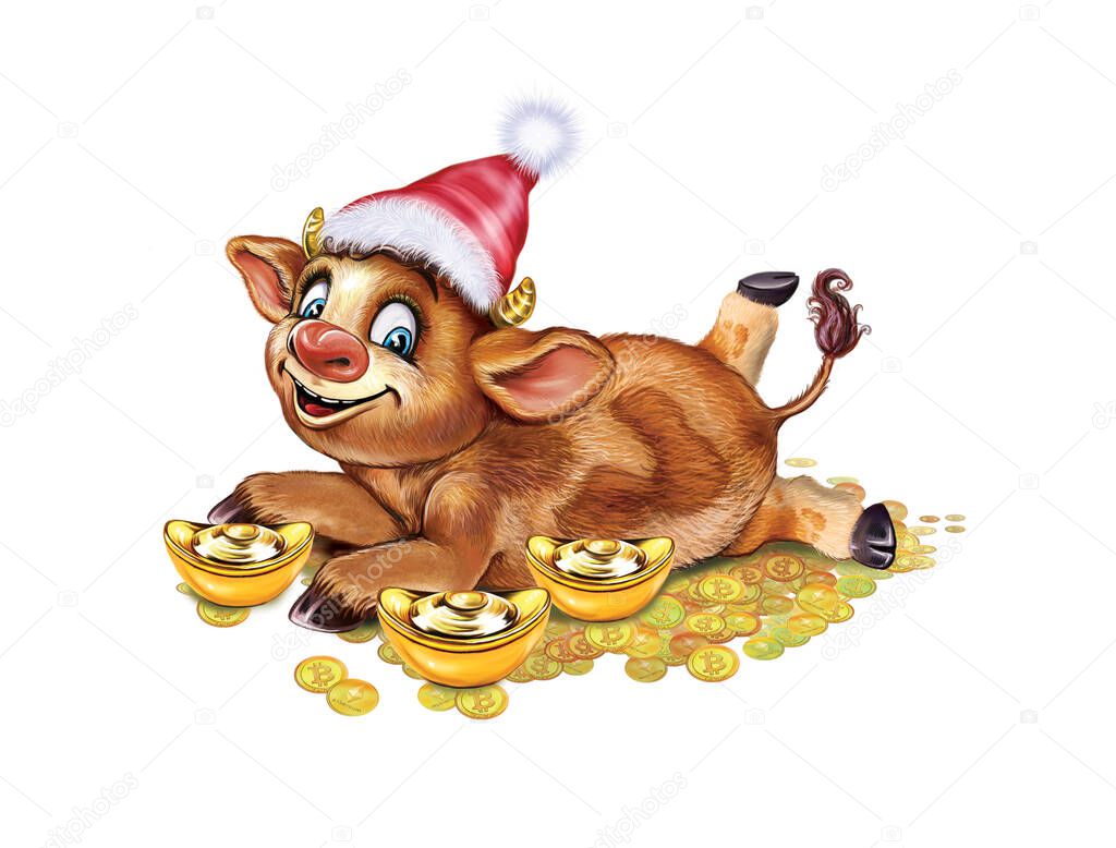 Bull, symbol of new year 2021 Chinese calendar, funny cartoon bull in Santa hat on gold coins and bullion, isolated character on white background
