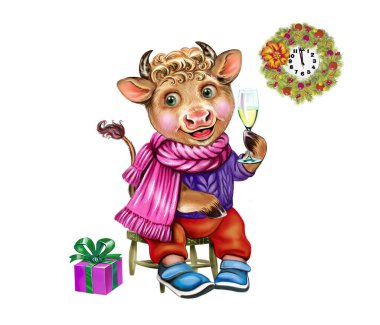 Çin burçlarına göre yeni yılın komik boğa sembolü, bir bardak şampanyalı çizgi film hayvanı, mutlu noel tebrik kartı, beyaz arka planda izole edilmiş karakter.