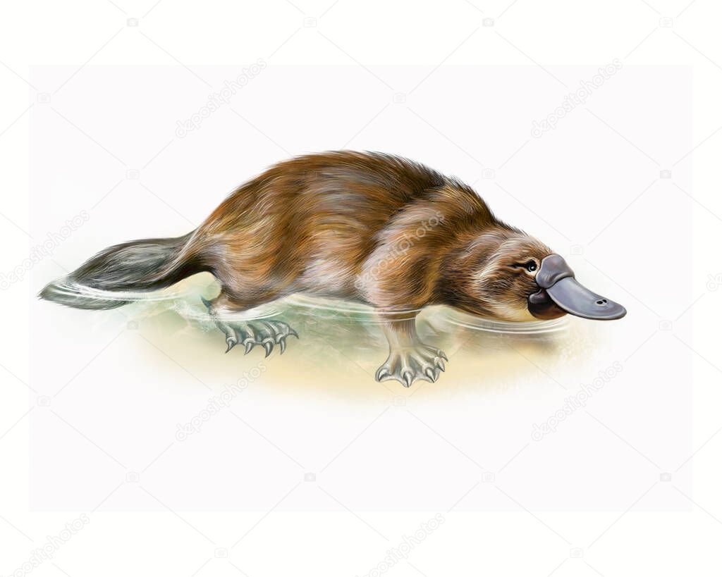 Platypus (Ornithorhynchus anatinus) in water, realistic drawing, illustration for Australia animal encyclopedia, isolated image on white background