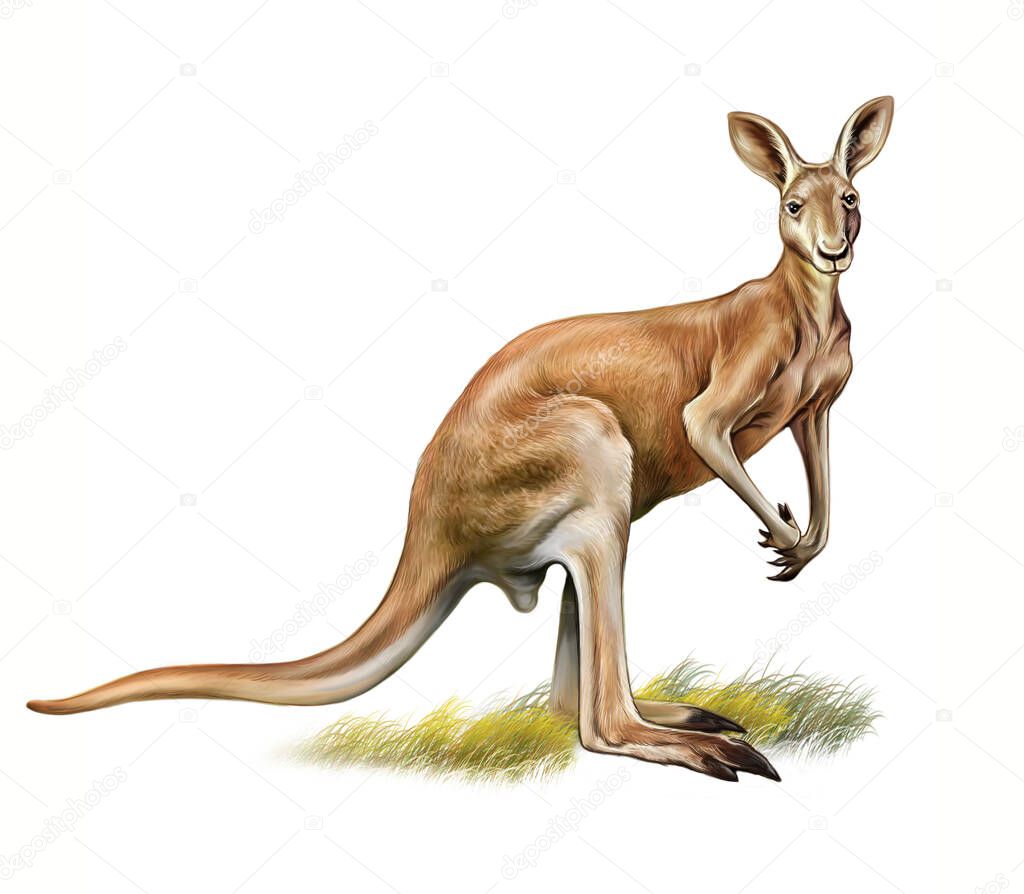 Kangaroo (Macropus) standing, realistic drawing, illustration for Australia animal encyclopedia, isolated image on white background