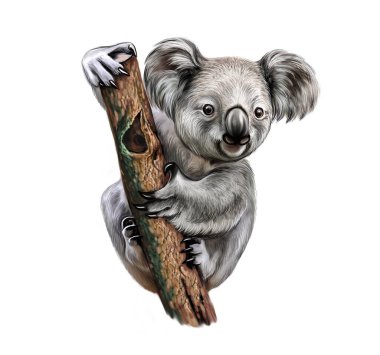 Koala (Phascolarctos cinereus), gerçekçi çizim, Avustralya hayvan ansiklopedisi için illüstrasyon, beyaz arka planda izole edilmiş karakter