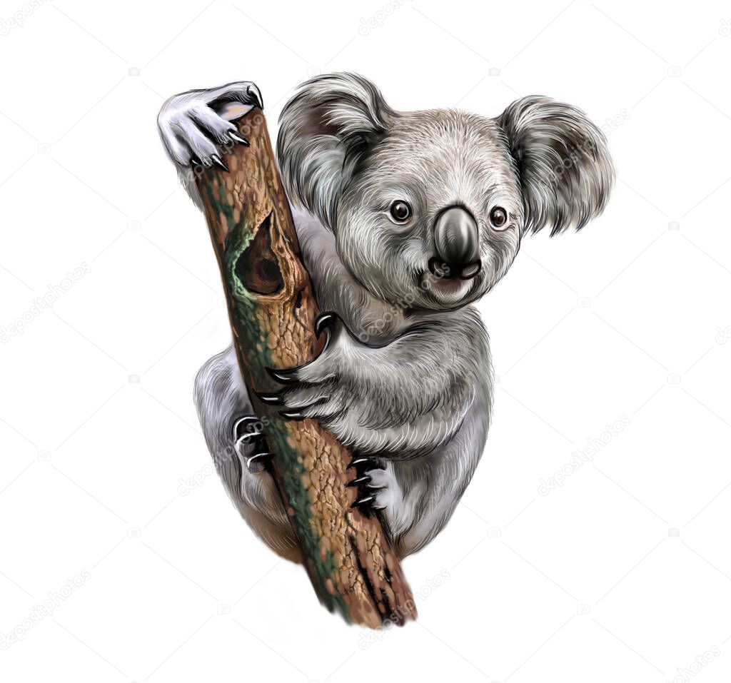 Koala (Phascolarctos cinereus), realistic drawing, illustration for Australia animal encyclopedia, isolated character on white background