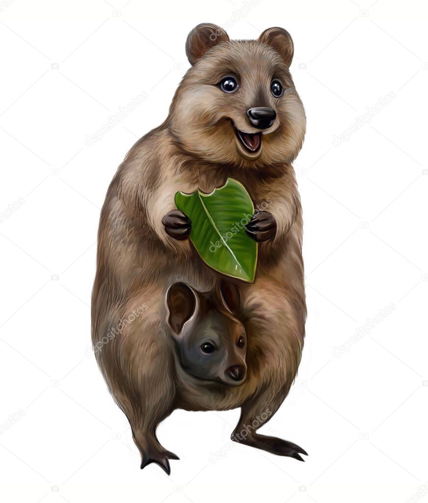 Quokka (Latin - Setonix brachyurus) with baby in a bag, eating eucalyptus leaf. Realistic digital drawing, illustration for Australia animal encyclopedia or children book. Isolated image on white background