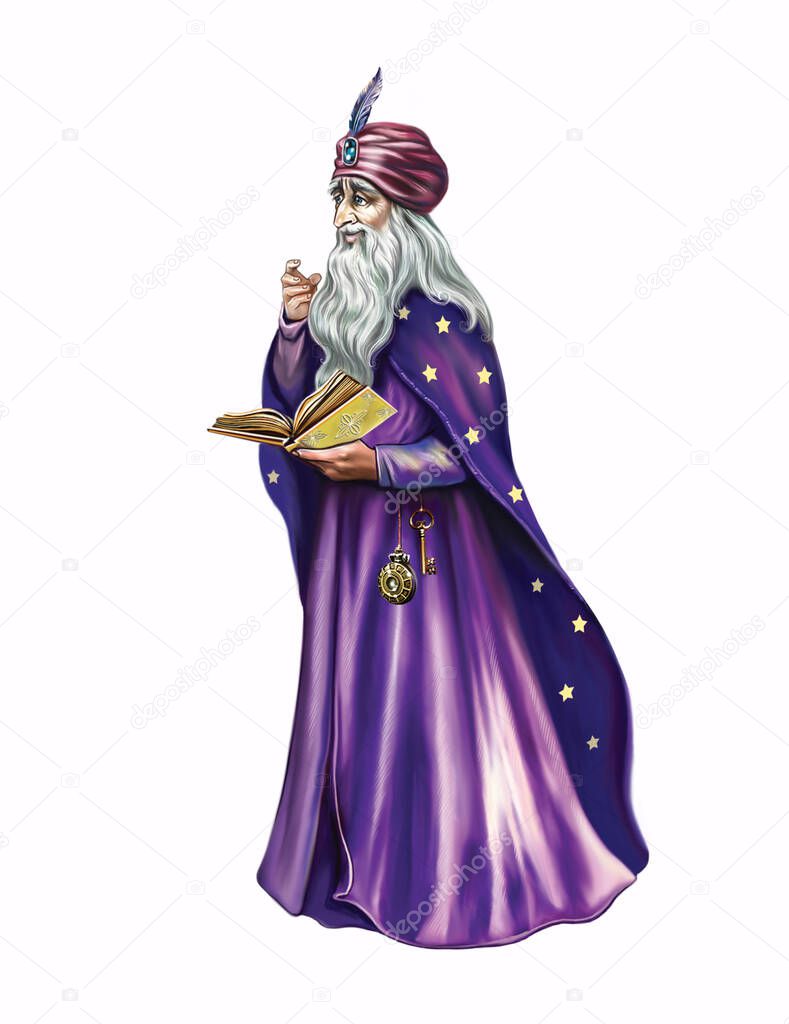 Old court mage with gray beard holding a book in his hands,wears a turban with feather and a cloak with stars on it. Fairy tale character. Isolated image on a white background