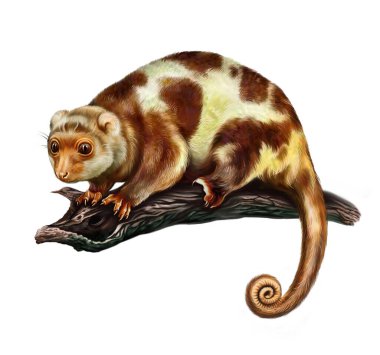 Benekli kükürt (Spilocuscus maculatus) bir dalda görülür. Avustralya hayvan ansiklopedisi için gerçekçi dijital illüstrasyon. Beyaz arkaplandaki izole görüntü