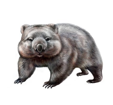 Wombat (Vombatidae). Avustralya hayvan ansiklopedisi için gerçekçi dijital illüstrasyon. Beyaz arkaplandaki izole görüntü