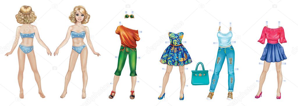 Cut out paper doll in underwear with a set of clothes and accessories with clasps. Isolated image on a white background