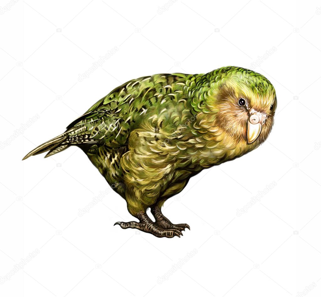 The kakapo also called owl parrot (Strigops habroptila) - realistic drawing illustration for the New Zealand animal encyclopedia. Isolated image on white background