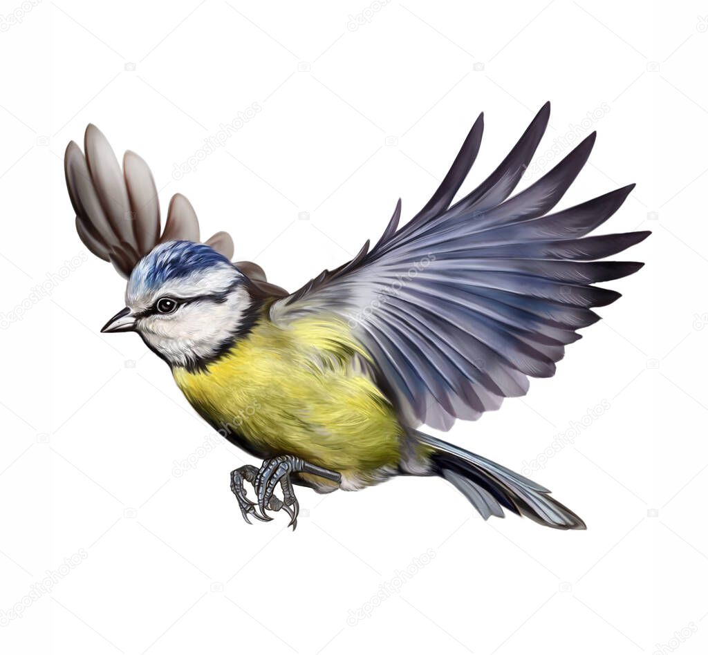 The great tit (Parus) bird flying - realistic drawing, illustration for the encyclopedia of birds. Isolated image on white background