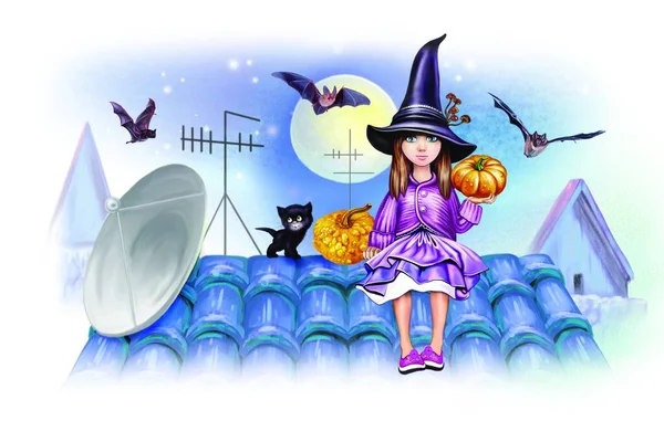 Illustration Little Cute Witch Holding Pumpkin Sitting Roof Black Cat — Stock Photo, Image