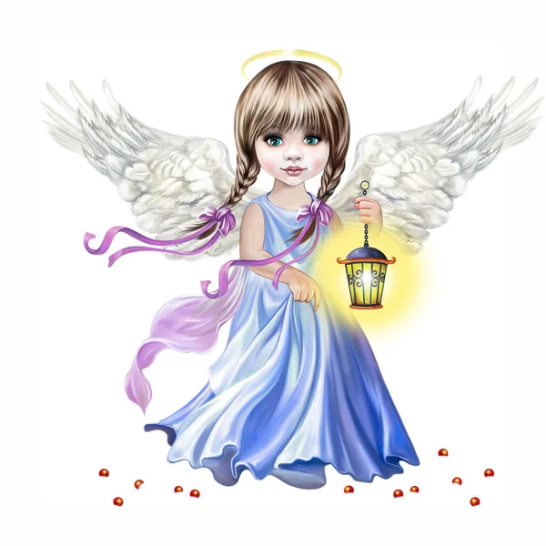Kleiner Engel Mit Lampe Schönes Mädchen Mit Zöpfen Frohe Weihnachten — Stockfoto