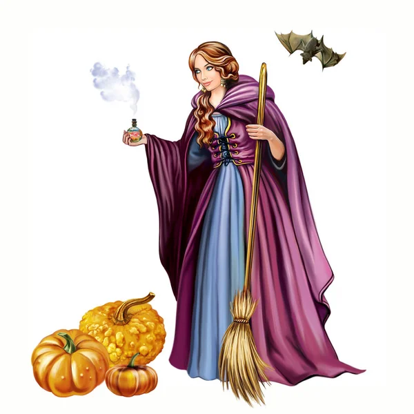 Beautiful Redhead Witch Broom Pumpkins Bat Character Halloween Isolated Image — Stock Photo, Image