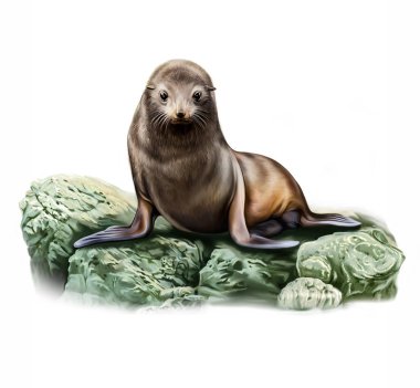 Yeni Zelanda kürk mühürü (Arctocephalus forster) taşların üzerinde bulunur. Gerçekçi çizim, Yeni Zelanda hayvan ansiklopedisi için çizim. Beyaz arkaplandaki izole görüntü