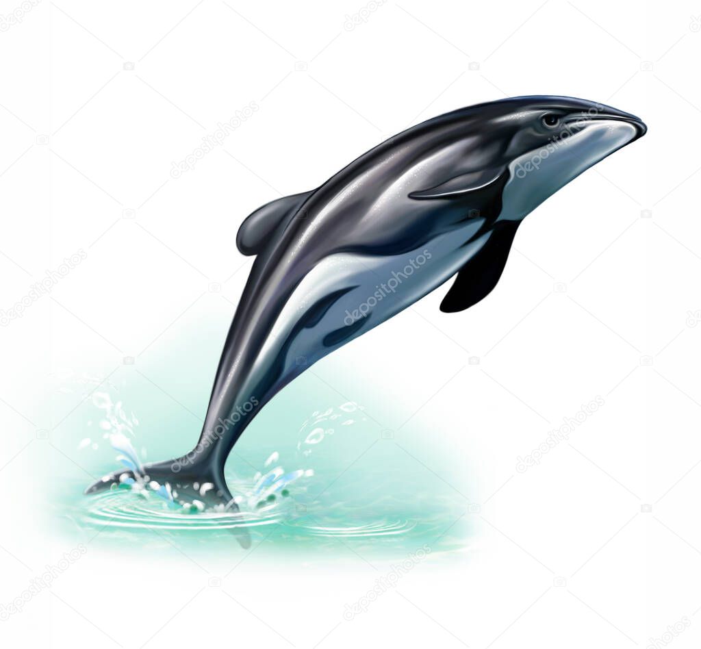 Maui dolphin (Cephalorhynchus hectori maui) jumping out of the water. Realistic drawing illustration for the encyclopedia of endemic animals of New Zealand, isolated image on a white background