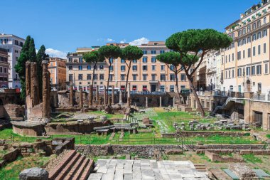 Roma, İtalya. 25 Mayıs 2020: Largo di Torre Arjantin, Roma 'da dört Roma Cumhuriyetçi tapınağı ve Pompey Tiyatrosu' nun kalıntılarıyla meydan. Arkeolojik alan.