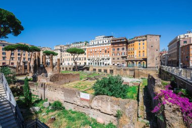 Roma, İtalya. 25 Mayıs 2020: Largo di Torre Arjantin, Roma 'da dört Roma Cumhuriyetçi tapınağı ve Pompey Tiyatrosu' nun kalıntılarıyla meydan. Arkeolojik alan.