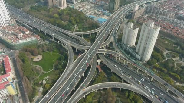 Complex Road Junction at Sunny Day. Shanghai, China. Aerial View — Stock Video