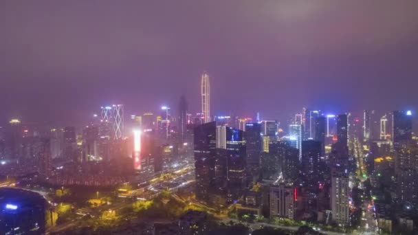 Shenzhen City nocą. Miejskiej dzielnicy Futian. Guangdong, Chiny. Widok z lotu ptaka — Wideo stockowe