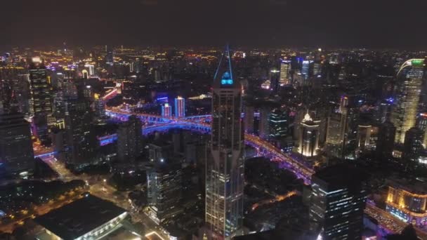 Illuminated Shanghai City at Night. Huangpu Cityscape. China. Aerial View — Stock Video