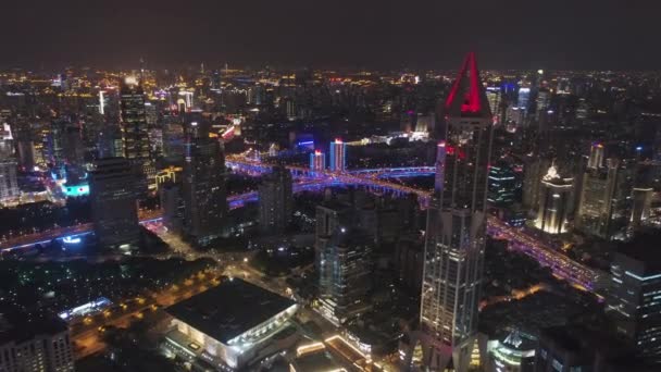 Shanghai City at Night. Huangpu Cityscape. China. Aerial View — Stock Video