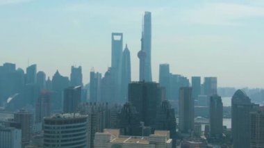 Şangay Şehri. Urban Lujiazui Skyline Sunny Day 'de. Çin. Hava Görünümü