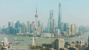 Şangay Şehri. Clear Day'de Huangpu ve Lujiazui Cityscape. Çin. Havadan Görünüm