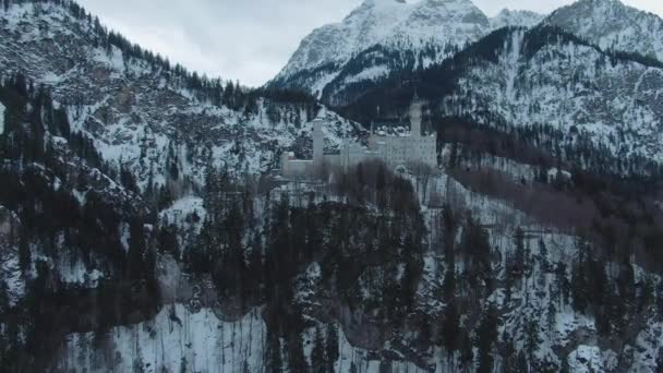 Castillo de Neuschwanstein en el día de invierno. Alpes bávaros, Alemania. Vista aérea — Vídeo de stock