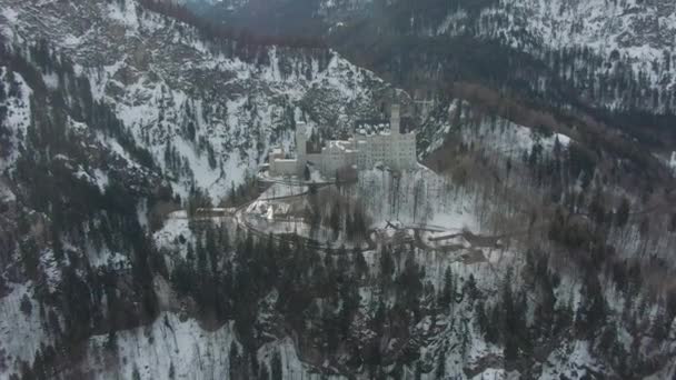 Zamek Neuschwanstein w dzień zimowy. Alpy Bawarskie, Niemcy. Widok z lotu ptaka — Wideo stockowe