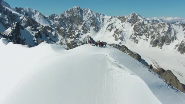 Gente en la cima de la montaña en Sunny Day. Vista aérea — Vídeos de Stock
