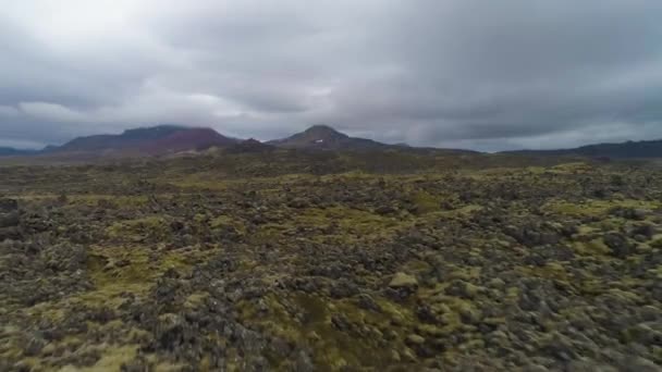 Vulkaniska lava klippformationer. Islands landskap. Utsikt från luften — Stockvideo