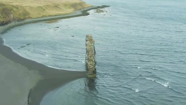 Hvitserkur skały i brzegu morza. Islandia. Widok z lotu ptaka — Wideo stockowe