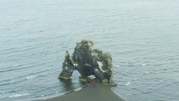 Hvitserkur Rock and Tourists. Islandia. Vista aérea — Vídeo de stock