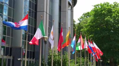 BRÜKSEL, BELGIUM - 16 Haziran 2025: Brüksel 'de Avrupa Birliği Bayrakları ve Yeşil Ağaçlar. Yavaş Hareket