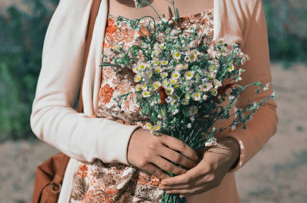 a bouquet of wild wild flowers of daisies in the hands of a girl