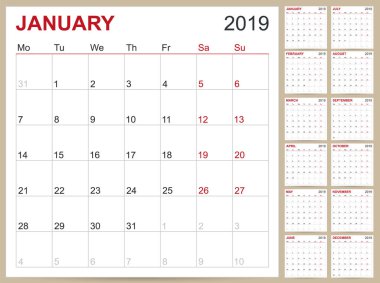 Planlama takvim 2019, İngiliz takvimi şablonunu yıl 2019, set 12 ay, hafta başlıyor Pazartesi günü, İngilizce yazdırılabilir takvim kalıp illüstrasyon vektör