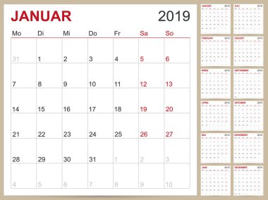 Planlama takvim 2019, takvimi şablonunu yıl 2019, set 12 ay, hafta başlıyor Pazartesi günü, Alman yazdırılabilir takvim kalıp illüstrasyon vektör