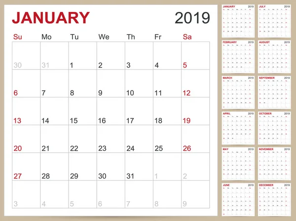 Αγγλικά Σχεδιασμός Ημερολογίου 2019 Πρότυπο Αγγλικά Ημερολόγιο Για Έτος 2019 — Διανυσματικό Αρχείο