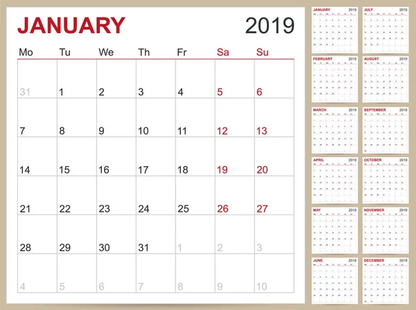 Planlama Takvim 2019 Ngiliz Takvimi Şablonunu Yıl 2019 Set Hafta — Stok Vektör