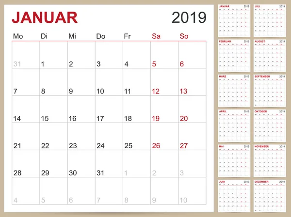 Calendario Planificación Alemán 2019 Plantilla Calendario Para Año 2019 Conjunto — Archivo Imágenes Vectoriales