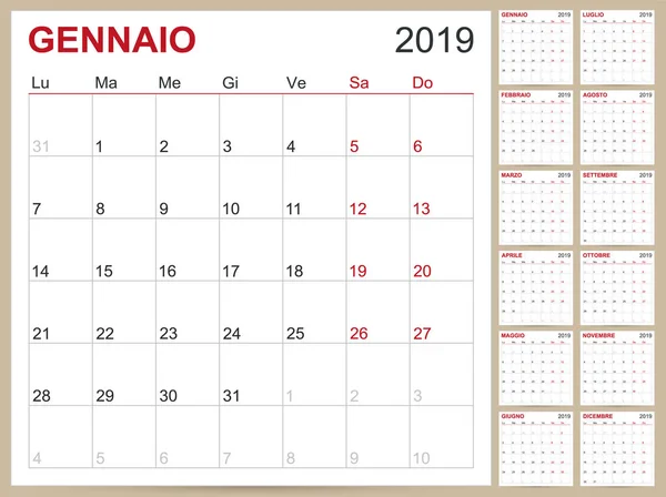 Włoski Planowanie Kalendarza 2019 Szablon Włoski Kalendarza Rok 2019 Zestaw — Wektor stockowy