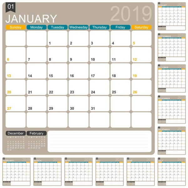 Plantilla Calendario Inglés Para Año 2019 Conjunto Meses Semana Comienza — Archivo Imágenes Vectoriales