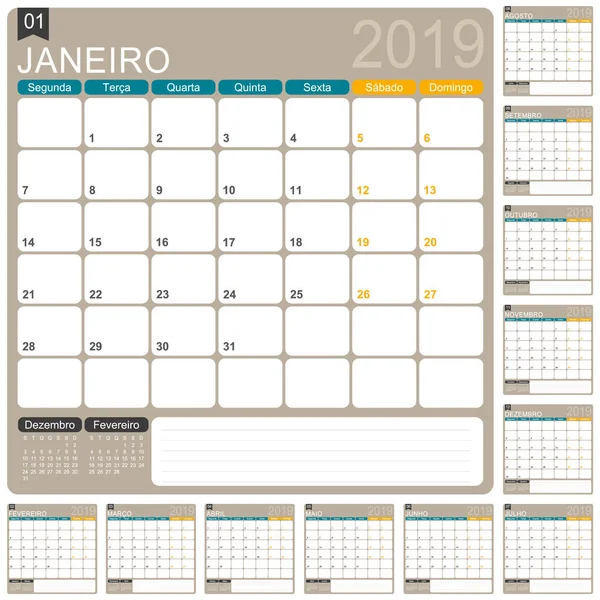 Portugalski Kalendarz Szablon Roku 2019 Zestaw Miesięcy Tydzień Rozpoczyna Się — Wektor stockowy