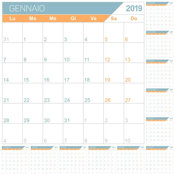 Italian Planning Calendar 2019 English Calendar Template Year 2019 Set — Stock Vector