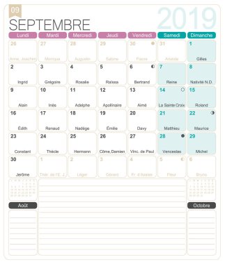 French calendar 2019 / September 2019, French printable monthly calendar template, including name days, lunar phases and official holidays. clipart