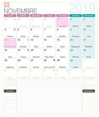 French calendar 2019 / November 2019, French printable monthly calendar template, including name days, lunar phases and official holidays. clipart