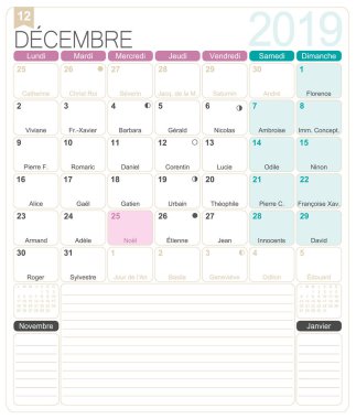 French calendar 2019 / December 2019, French printable monthly calendar template, including name days, lunar phases and official holidays. clipart